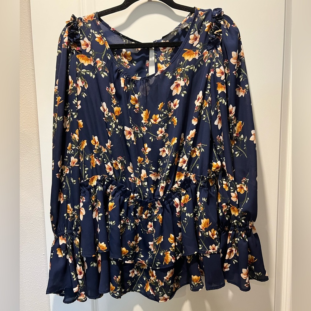 Halogen Navy Floral Peplum Blouse with Bell Sleeves
